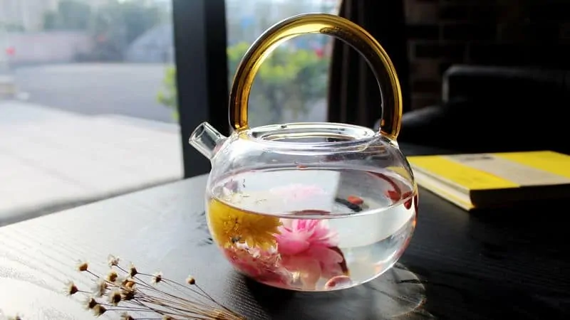 glass teapot with blooming tea