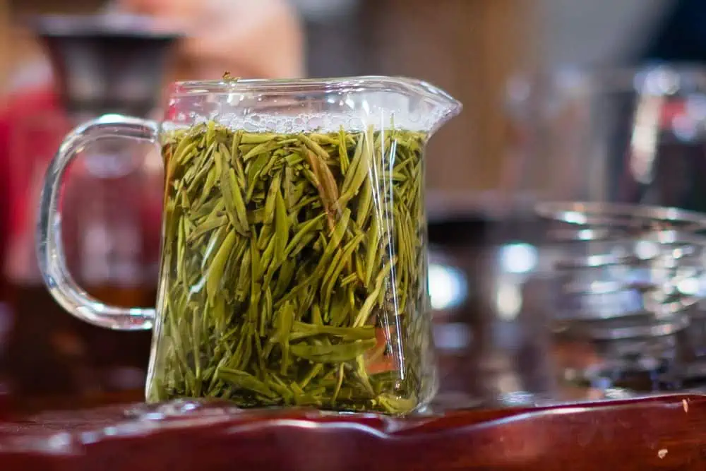 green tea leaves brewing in a glass pitcher